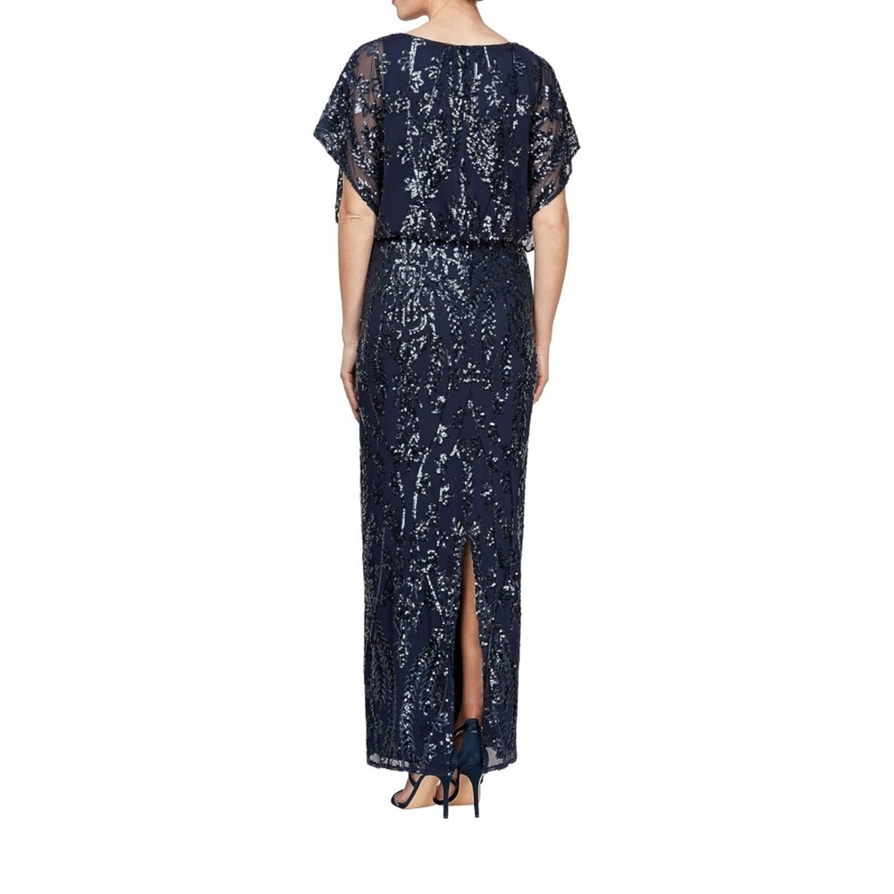 NWOT Alex Evenings Women's Long Blouson Dress with Ruffled Sleeves size 4